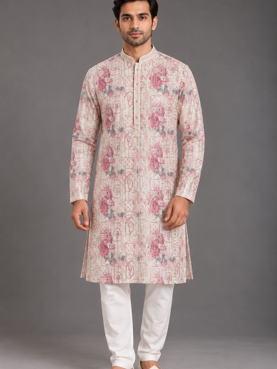 Ivory and rose printed kurta pyjama