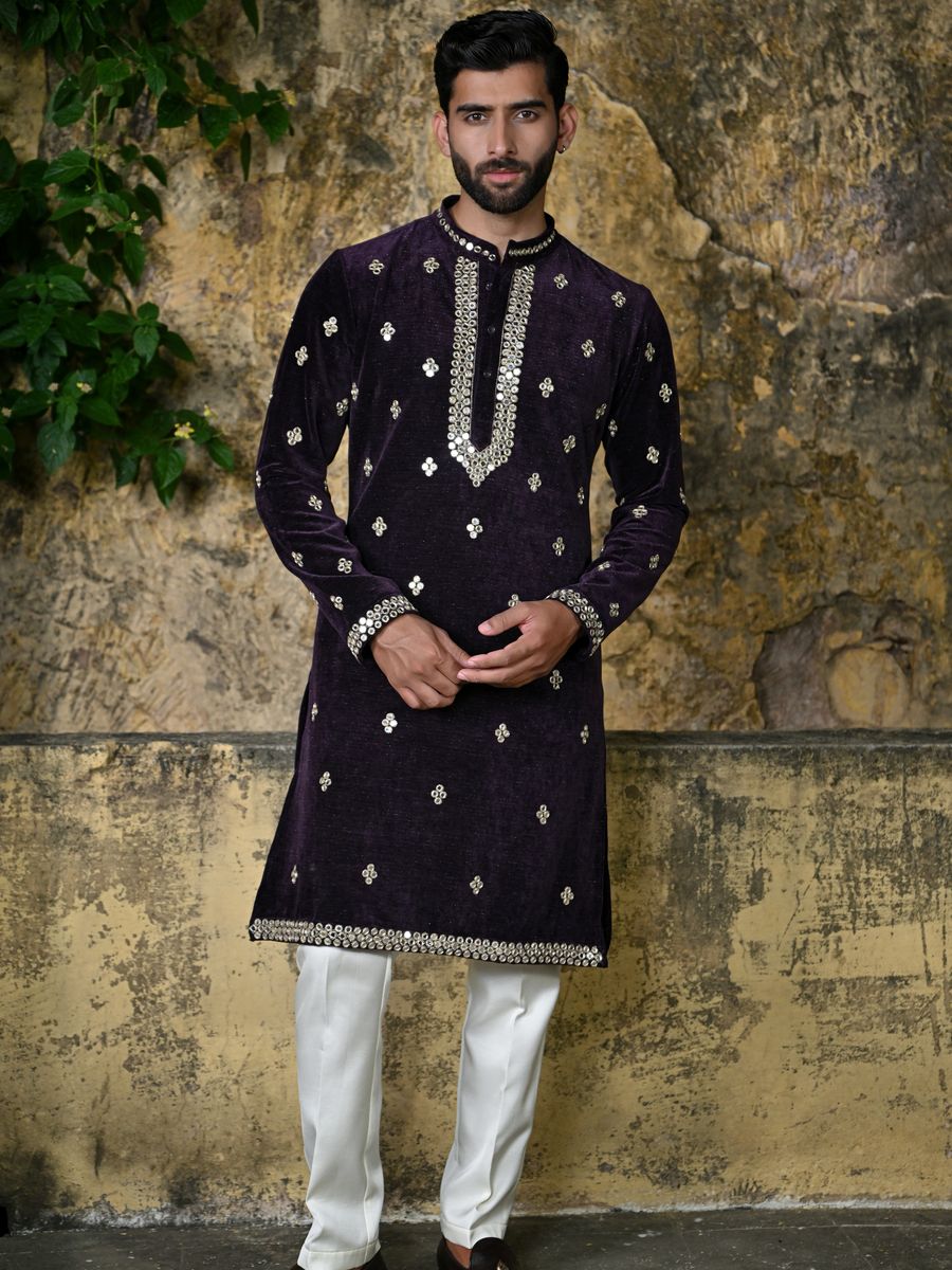 Purple velvet kurta with silver work